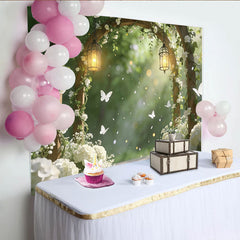Lofaris Toile de fond arche florale blanche et lanternes pour mariage, élégant décor de cérémonie avec papillons et lumière douce