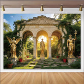Lofaris Toile de fond de photographie classique avec statues dorées et arches antiques, magnifique arrière-plan de jardin verdoyant