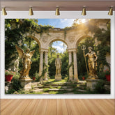 Lofaris Toile de fond de photographie jardin classique statues dorées et arches, élégant arrière-plan de style antique pour portrait