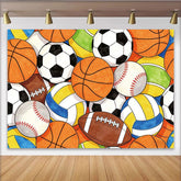 Lofaris Toile de fond anniversaire sport avec ballons de football et baseball, décor coloré pour fête d'enfants ou studio de photographie