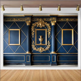 Lofaris Toile de fond de photographie bleu marine et or style classique, décor mural architectural élégant pour studio et événements
