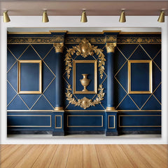 Lofaris Toile de fond de photographie bleu marine et or style classique, décor mural architectural élégant pour studio et événements