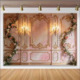 Lofaris Toile de fond de photographie murale rococo avec marbre rose et moulures dorées, élégant arrière-plan floral pour studio photo