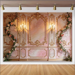 Lofaris Toile de fond de photographie murale rococo avec marbre rose et moulures dorées, élégant arrière-plan floral pour studio photo
