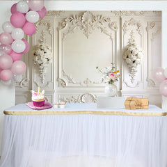 Lofaris Toile de fond de photographie fine art blanche avec roses et moulures, arrière-plan élégant pour studio photo professionnel et portrait