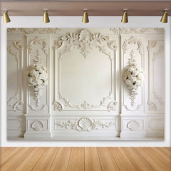Lofaris Toile de fond de photographie fine art blanche avec roses et moulures, arrière-plan élégant pour studio photo professionnel et portrait