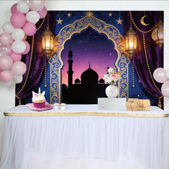 Lofaris Toile de fond pour l'Aïd avec mosquée, croissant de lune et lanternes dorées, décor de nuit étoilée orientale pour fête et studio photo