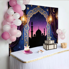 Lofaris Toile de fond pour l'Aïd avec mosquée, croissant de lune et lanternes dorées, décor de nuit étoilée orientale pour fête et studio photo