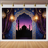 Lofaris Toile de fond pour l'Aïd avec mosquée, croissant de lune et lanternes dorées, décor de nuit étoilée orientale pour fête et studio photo