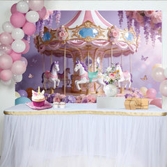 Lofaris Toile de fond carrousel rose et violet pour anniversaire fille avec fleurs, magnifique décor féerique pour séance photo