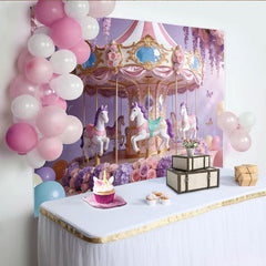 Lofaris Toile de fond carrousel rose et violet pour anniversaire fille avec fleurs, magnifique décor féerique pour séance photo