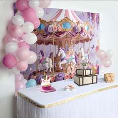 Lofaris: Toile de fond pour anniversaire carrousel féerique avec fleurs et ballons, magnifique décor de fête pour séance photo