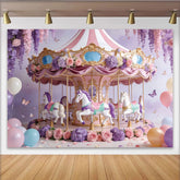 Lofaris: Toile de fond pour anniversaire carrousel féerique avec fleurs et ballons, magnifique décor de fête pour séance photo
