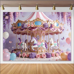 Lofaris: Toile de fond pour anniversaire carrousel féerique avec fleurs et ballons, magnifique décor de fête pour séance photo