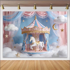 Lofaris Toile de fond anniversaire carrousel rose et bleu pastel avec nuages et étoiles, décor de rêve pour studio photo et fête d'enfants