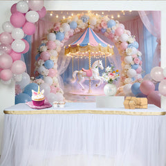 Lofaris Toile de fond pour anniversaire carrousel rose et bleu avec ballons et fleurs, décor féerique pour fête d'enfants ou séance photo