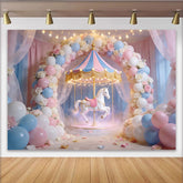 Lofaris Toile de fond pour anniversaire carrousel rose et bleu avec ballons et fleurs, décor féerique pour fête d'enfants ou séance photo