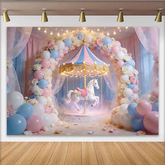 Lofaris Toile de fond pour anniversaire carrousel rose et bleu avec ballons et fleurs, décor féerique pour fête d'enfants ou séance photo