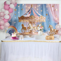 Lofaris Toile de fond de photographie carrousel féerique rose et bleu, décor de rêve avec chevaux dorés et étoiles pour studio
