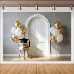 Lofaris Toile de fond remise des diplômes avec chapeau et ballons or, magnifique arrière-plan de célébration avec porte arche blanche