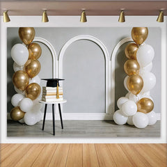 Lofaris Élégante toile de fond pour remise des diplômes avec ballons dorés et blancs, magnifique décor de célébration pour studio photo