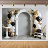Lofaris Toile de fond pour remise des diplômes arche blanche, décoration festive avec ballons noir et or pour studio photo