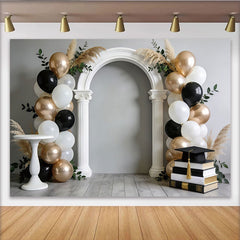 Lofaris Toile de fond pour remise des diplômes arche blanche, décoration festive avec ballons noir et or pour studio photo