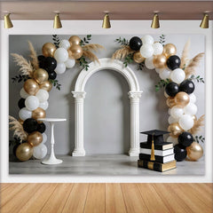 Lofaris Toile de fond pour la remise des diplômes avec ballons noirs et or, arche, élégant arrière-plan de fête pour séance photo