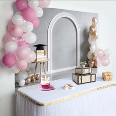 Lofaris Toile de fond remise des diplômes arche blanche ballons or rose et livres, élégant arrière-plan pour studio photo