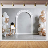 Lofaris Toile de fond remise des diplômes arche blanche ballons or rose et livres, élégant arrière-plan pour studio photo