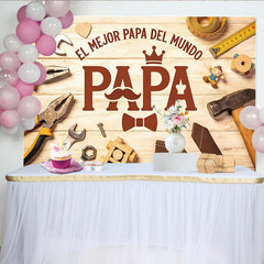 Lofaris Toile de fond pour la Fête des Pères avec texture bois, outils et moustache, décor unique pour célébrer le meilleur papa du monde