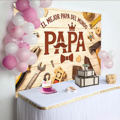 Lofaris Toile de fond pour la Fête des Pères avec texture bois, outils et moustache, décor unique pour célébrer le meilleur papa du monde
