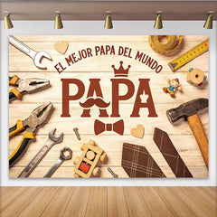 Lofaris Toile de fond pour la Fête des Pères avec texture bois, outils et moustache, décor unique pour célébrer le meilleur papa du monde