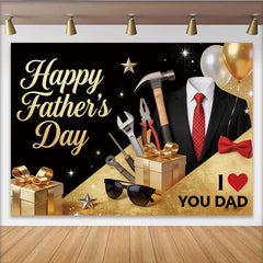 Lofaris Toile de fond noire et or scintillante pour la Fête des Pères avec outils et cadeaux, élégant décor de célébration pour papa