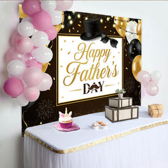 Lofaris Toile de fond Fête des Pères noire et or avec chapeau et ballons, élégant arrière-plan pour célébration et studio photo