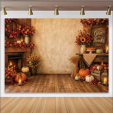 Lofaris Cheminée rustique feuilles d'automne citrouilles pour Thanksgiving, arrière-plan de scène d'automne pour photographie