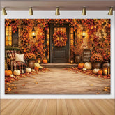 Lofaris Toile de fond de Thanksgiving avec citrouilles et feuilles d'automne, porche rustique, décor chaleureux pour la récolte