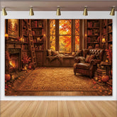 Lofaris Toile de fond de photographie bibliothèque d'automne cheminée et feuilles, magnifique arrière-plan pour portrait ou décor de saison