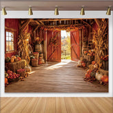 Lofaris Toile de fond de Thanksgiving rustique grange avec citrouilles et feuilles d'automne, magnifique arrière-plan de récolte