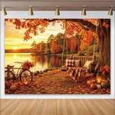 Lofaris Toile de fond de photographie automnale lac coucher de soleil, avec balançoire, vélo et citrouilles, arrière-plan pour studio photo