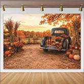Lofaris Toile de fond d'automne rustique avec camion vintage, citrouilles et feuilles, magnifique décor de récolte pour séance photo