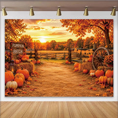 Lofaris Toile de fond d'automne champ de citrouilles avec feuilles d'érable et foin, magnifique décor de récolte pour photographie de saison