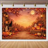 Lofaris Toile de fond d'Halloween avec citrouilles lumineuses et chat noir, décor automnal avec feuilles d'érable et pleine lune pour fête