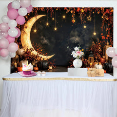 Lofaris Toile de fond pour Halloween avec lune géante et étoiles dorées, décor automnal enchanté pour studio photo et fête