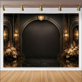 Lofaris Toile de fond de photographie art déco noir et or avec arches et fleurs, élégant arrière-plan pour studio photo et événement formel