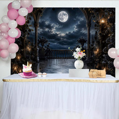 Lofaris Toile de fond de photographie balcon gothique avec pleine lune et roses noires, magnifique arrière-plan romantique pour studio photo