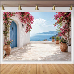 Lofaris Toile de fond méditerranéenne avec porte bleue et vue sur mer, arrière-plan estival pour studio et portrait