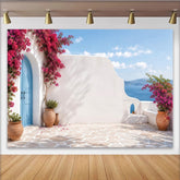 Lofaris Toile de fond de photographie paysage méditerranéen avec bougainvilliers roses et vue sur mer, magnifique arrière-plan estival
