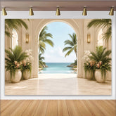 Lofaris Toile de fond de photographie de paysage tropical avec arches et palmiers, élégant arrière-plan de studio pour séance photo de vacances
