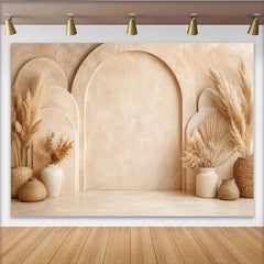 Lofaris Toile de fond de photographie bohème avec arches et herbe de pampa, arrière-plan décoratif mural neutre pour studio photo